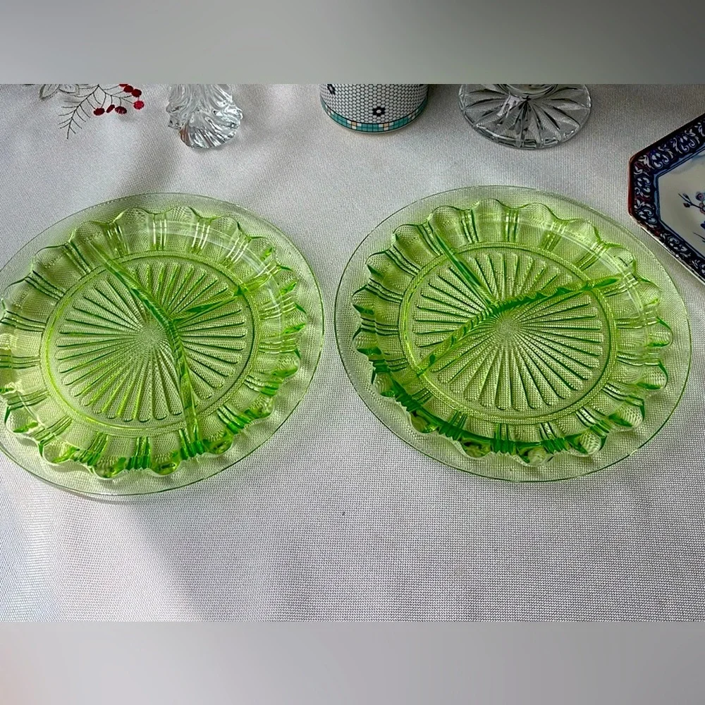 Pair Vintage uranium glowing Glass 3 section Plates 10”